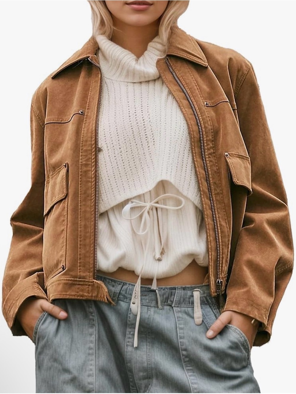 Casual Tan Suede Zip Jacket - Women M